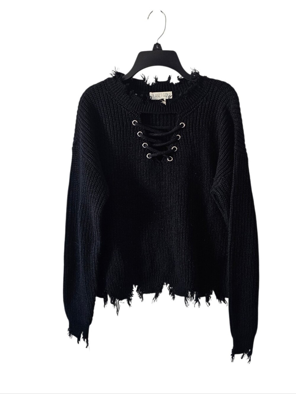 Planet Gold Distressed Lace Up Sweater Womens Medium Black Knit Grunge Cropped